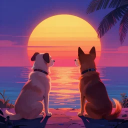 dog watching retrowave vintage sunset, big round sun, synthwave, neon, digital painting, artstation