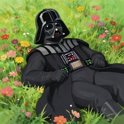 darth vader resting on a field of flowers in studio ghibli style