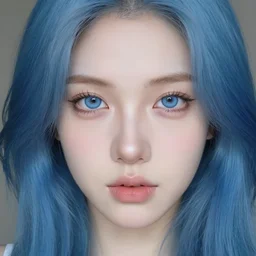 a pale girl with piercing blue eyes and blue hair, soft facial features, looking directly at the camera, neutral expression, instagram picture