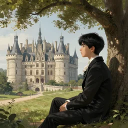 a teenager boy with black hair and elegant clothing sitting beneath a tree looking over a 1 9 th century castle, highly intricate detailed, light and shadow effects, intricate, highly detailed, digital painting, artstation, concept art, smooth, sharp focus, illustration, advanced digital art, atmospheric lighting, detailed face, 8 k, hq