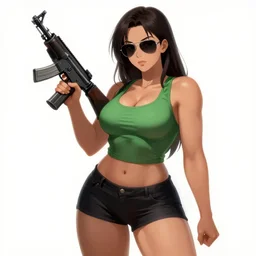 a full shot of a beautiful curvy anime girl with an athletic feminine body holding an m4 assault rifle in a green tank top with black shorts and aviator classic sunglasses, long hair, anatomically correct, tanned body, confident facial expression, white background, highly detailed, digital painting, artstation, concept art, illustration, style by hayao miyazaki