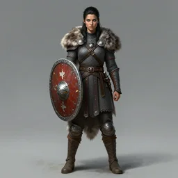 character concept art, female viking concept, black hair, young face, full body, armor, shield, chainmail, fur, insist22-pro, realistic, digital art, 8k, highly detailed, green eyes