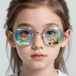 a portrait of a girl with rounded glasses and inside the glasses there is a fish tank digital art, trending on art station, high detailed