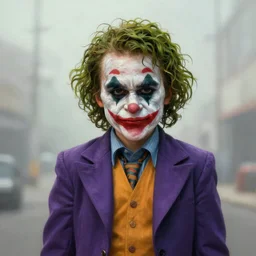 anthropomorphic ape kid Cosplay of the joker, realistic and ultra intricate detailed soft painting, symmetrical, volumetric lighting, mist, Artstation, unreal engine, depth of field