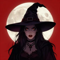 detailed close-up portrait of a dark witch in front of the full big moon, red background, vector graphic, detailed, full HD, 4k, 8k, 1080p