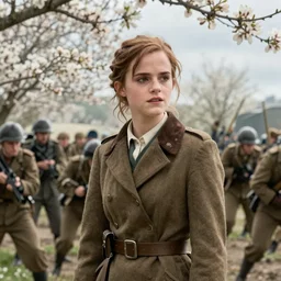 detailed cinematic wide shot of emma watson in a world war 2 battle, ultra realistic, spring light, painting by gaston bussiere, craig mullins, j. c. leyendecker