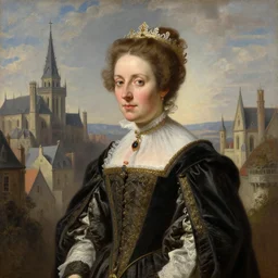 portrait of a baroness, painting by michael wellen, john stephens, in a medieval city, tone mapping, airbrushed clouds, trending on artstation