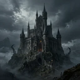 castle of satan on a mountain in hell, dark atmospheric, trending on artstation