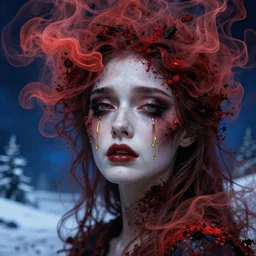 crying skull of beautiful woman made of red smoke and ash with golden tears, art by beksinski, deep eyes, dark blue atmosphere, snow landscape background, psychedelic concept art, artstation, art by anato finnstark