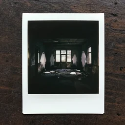 polaroid photo of abandoned asylum with ghosts, scary, moody, dark, gloomy, paranoid