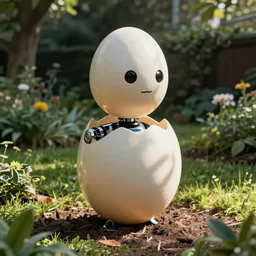 a robot that has a head shaped like a flattened egg on top. egg, this sat on a similar, only much larger much larger structure that served as the body, and was connected to it by a short flexible rod. realistic, in a garden