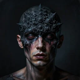 dramatic matte portrait painting of man with black mandelbrot fractal instead of face, horror, body horror, dark art, 4 k, detailed, realistic, psychotic, insane, crazy, mental illness, dramatic,