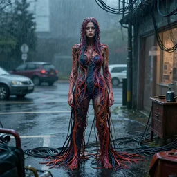rgb, woman, parking lot, rain!!!!, cinematic, movie scene, inspired by zdzislaw beksinski, clothes made out of veins,, cables everywhere, bedroom, ultra realistic, concept art, intricate details, highly detailed, photorealistic, octane render, 8 k