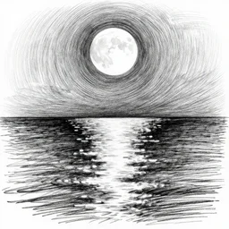 black and white sketch brush of moon reflected in the sea