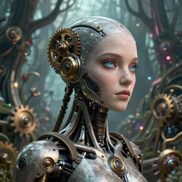 35mm portrait of Jeri Ryan as an intricate and sophisticated borg with eye implant, on the background of a weird magical mechanical forest. Round gears visible inside her hear. Very detailed 8k. Fantasy cyberpunk horror. Sharp. Cinematic post-processing
