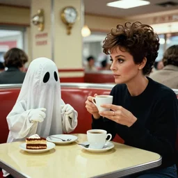 1976 sofia loren and a puppet who looks like casper the friendly ghost having coffee in a diner, 16mm color film, expired film, archival footage in the style of cassavetes, 1976