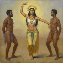 female shaman goddess dancing warrior, oil on canvas, by jeffrey catherine jones and enki bilal