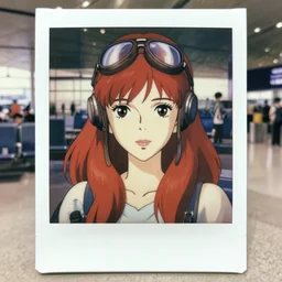 a polaroid full body portrait of a very beautiful 1 9 5 0's aviator disney style girl, red long hair, finely detailed features, closeup at the faces, perfect art, in the airport yard, gapmoe yandere grimdark, trending on pixiv fanbox, painted by greg rutkowski makoto shinkai takashi takeuchi studio ghibli, akihiko yoshida,
