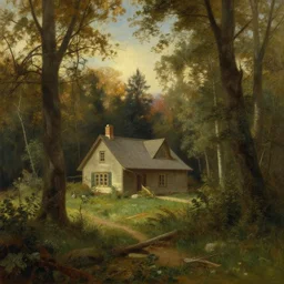 fantasy landscape with cottage in a forest, calm serene atmosphere, in the style of hudson river school