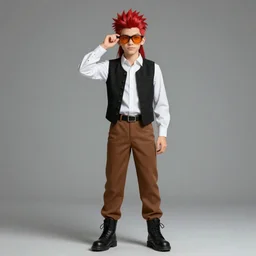 photorealistic young man with red spiked long hair, using an orange lens googles. Wearing white shirt, a black waistcoat, brown pants and black boots. He is throwing a wild fire blast from his hands, with a vicious smile in face. He is in a scorched land with a blue sky. dynamic lightning.
