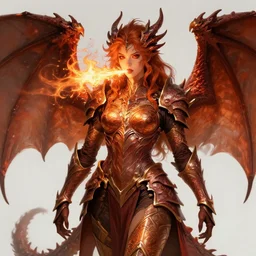 full body portrait of dragon master lady, pretty face, taned skin, red eyes, wild ginger hair, draconic looking covering armor, symmetric wings, firebreathing, high fantasy, dnd, highly detailed, smooth, sharp focus, illustration, by artgerm, greg rutkowski, alphonse mucha