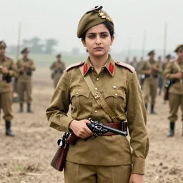 Anjli Mohindra as a WW1 General, standing in a battlefield in 1918, with a revolver, official portrait, high quality, colourized