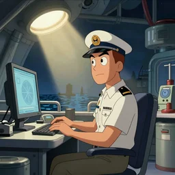 captain hank murphy sitting at a computer in sea lab, original cartoon style