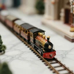 miniature train riding on a track in a marble temple. film, nostalgia, tilt shift, close - up, 3 5 mm photography