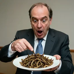 a gaunt politician in a suit with receding hair and mouth open in amazement, holding out a plate full of bugs and worms, and pointing to it