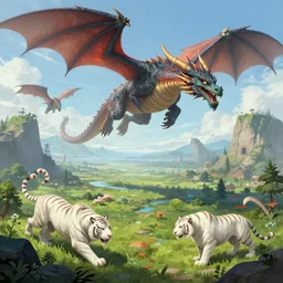 Fantasy landscape with flying giant dragons and white tigers, detailed, 2d, art, behance, sharp