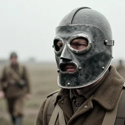a man at wearing iron full face hooded mask in distance, ww1 film photo, grainy, high detail, high resolution