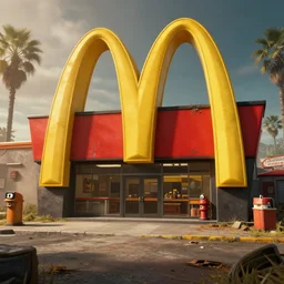 post apocalyptic McDonalds::0, fallout, wasteland, octane render, 8k