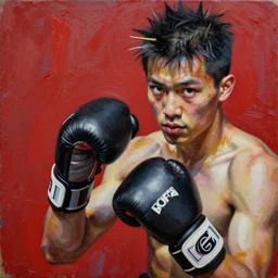 young fight club fighter in action detailed analogue mixed media collage with canvas texture in style of contemporary art, punk art, hyperrealistic beautiful face, photorealism, expressionism, masterpiece, perfect composition, spectacular quality, intricate oil details, red background