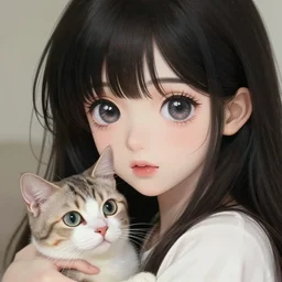 A fantastic girl with big and cute eyes, holding a cat || VERY ANIME, fine-face, realistic shaded perfect face, fine details. Anime. realistic shaded lighting poster by Ilya Kuvshinov katsuhiro otomo ghost-in-the-shell, magali villeneuve, artgerm, Jeremy Lipkin and Michael Garmash, Rob Rey and Kentarõ Miura style, trending on art station