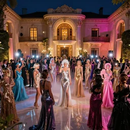 a lavish great gatsby party full of people wearing futuristic attire in a mansion designed by ricardo bofill, flash photography, raytracing, 8 k, octane render, volumetric, vivid, beautiful, hyperrealism