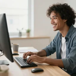 foto person typing on a computer happy