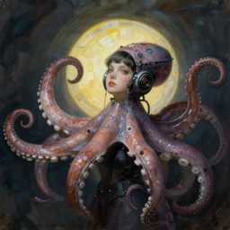 A portrait of a beautiful cyberpunk girl, octopus, by Man Ray, fine art, wide angle