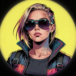 hyper detailed comic illustration of a cyberpunk Kat Dennings wearing a futuristic sunglasses and a gorpcore jacket, markings on his face, by Patrick Nagel and Josan Gonzalez, intricate details, vibrant, solid background, low angle fish eye lens