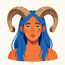 illustrated portrait of ugly ram-horned woman with orange skin and blue hair