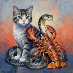 painting of hybrid between cat & snake & lobster, animal has lobster skin, animal has snake body, intercrossed animal, by zdzislaw beksinski, by lewis jones, by mattias adolfsson, cold hue's, warm tone gradient background, concept art, beautiful composition, digital painting