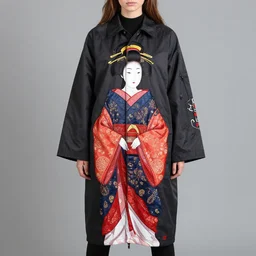 russian girl wearing an anorak designed by balenciaga inspired by japanese miko priestess clothes