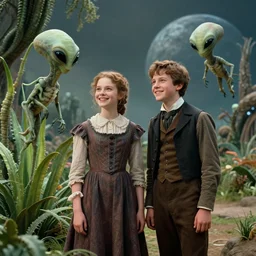 detailed, sharp, a girl and a boy standing next to some alien plants, looking happy, wearing 1850s era clothes, their small pet alien creature is hovering nearby, in a park on an alien planet, extremely highly detailed, hyperrealistic, highly detailed faces, 70 mm still from a period sci fi movie, 4k, HD