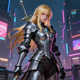 beautiful blonde female knight, with excalibur, long hair, cyberpunk 2077, city background, rainy night, neon glow concept art, sharp focus, intricate, digital painting, artstation, official media, anime key visual, highly detailed, rich vivid colors ambient lighting, illustration, art by Artgerm, Makoto Shinkai, Ilya Kuvshinov, Lois Van Baarle and Rossdraws