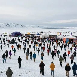 Chukchee crowded rave in tundra, hyperrealistic photo