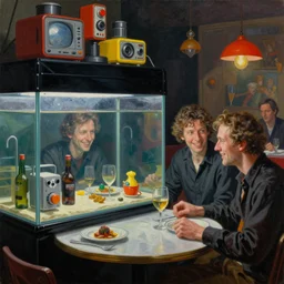 diner with an aquarium. vantablack cloth technology, vintage shapes, retro technology, happy colors dariusz zawadzki, tim hildebrandt, wayne barlow, bruce pennington, larry elmore, oil on canvas, deep depth field, masterpiece, cinematic composition. dramatic zoom, hyperdetailed, hd, hdr