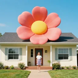 giant flower head, full body, girl standing in front of house, surreal, symmetry, mid century, bright colours, blue sky, realistic, wes anderson