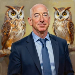epic professional creative painting of Jeff Bezos with illustrated owls done with brushstrokes, best on artstation, cgsociety, wlop, Behance, pixiv, astonishing, impressive, outstanding, epic, cinematic, stunning, gorgeous,, masterpiece.