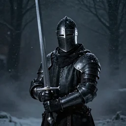 portrait of gothic knight wearing black helmet, snowing night, dark misty, holding a gigantic straight sword, detailed, realistic photography