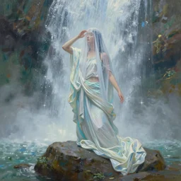 painting of a goddess showering in a waterfall, veiled in mist, with her robes folded and set on a rock in the foreground, detailed, stylized, loose brush strokes, pastel colors, blue and green hues, by Jeremy Mann, intricate, beautiful