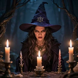 angry witch, candles, 4 k, sharp focus, intricate and ornate, age 2 0, magical
